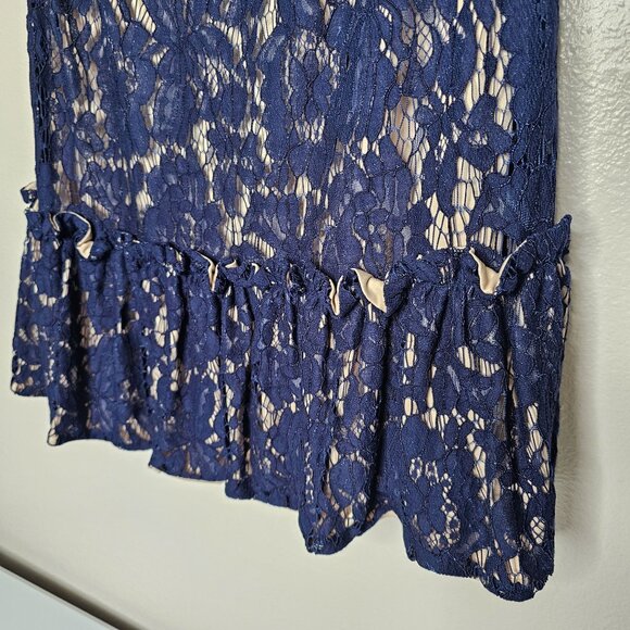 Eliza J 2 Navy Blue Nude Lace Overlay Shift Dress Flounce Hem Cocktail Event - Picture 2 of 6